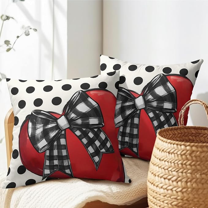 Kawani Valentines Day Throw Pillow Covers 16x16 Inches, Set of 2 Black Polka Dot Red Love Heart Pillowcase Cotton Linen Square Cushion Case for Couch Anniversary Wedding Home Décor