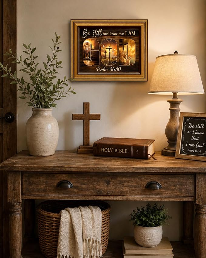 Gold Framed Wall Art, Christian God Canvas Prints, Lion and Lamb Cross Picture Wall Decor, Religious Bible Verse Artwork for Living Room Bedroom 9x11 inch
