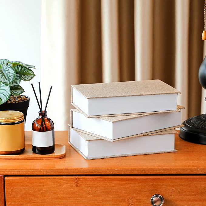 Tioncy 3 Pcs Decor Linen Faux Book Box Set Aesthetic DIY Fake Linen Book Box for Decor Storage Cafe Table Bookshelf Gift Home Keepsake(8.6 x 6.1 x 1.8 Inch,Khaki)