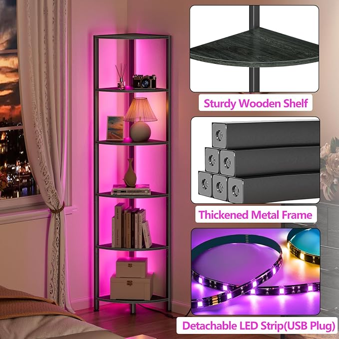 6 Tier Corner Shelf with LED Light, 67.5" Black Narrow Bookshelf | Tall Standing Shelf Organizer, Storage Rack for Wall Corner, Living Room, Bedroom, Metal Frame, Wood Display Shelf