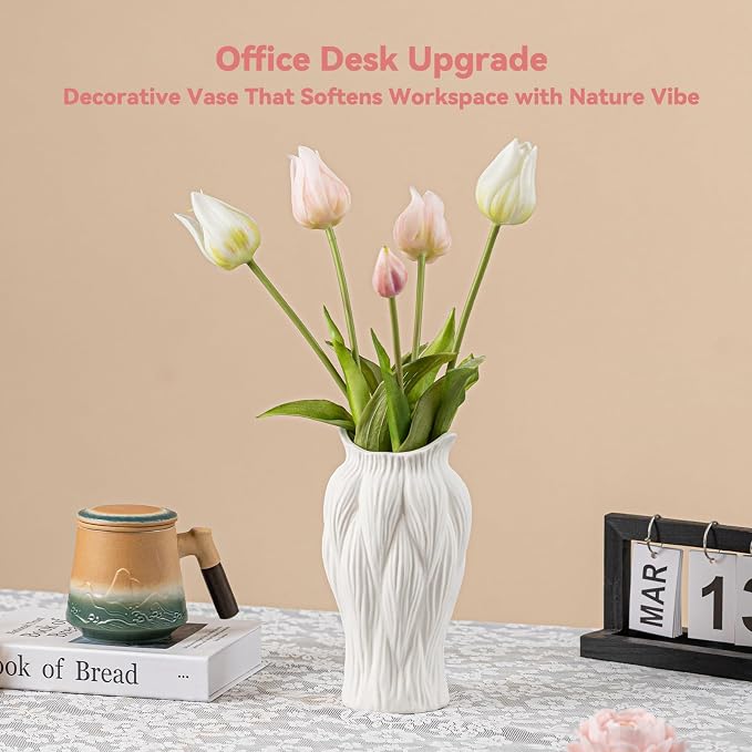 White Ceramic Vase with Reed-Inspired Texture - 9" Unique Flower Vase for Pampas Grass & Centerpieces, Decorative Boho/Farmhouse Vase for Living Room,Office Desk & Housewarming Gift (for Her/Yourself)