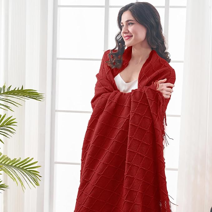 inhand Pomegranate Red Knitted Throw Blanket for Couch and Bed, 50"x60" | Gifts for Mom from Daughter Son, Soft Lightweight with Tassel, Farmhouse Warm Decorative Blanket for Women, Cozy Knit