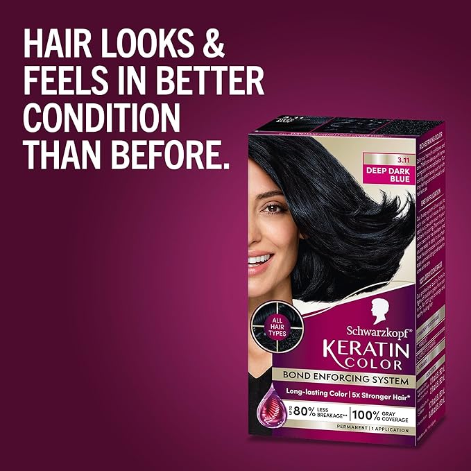 Schwarzkopf Keratin Permanent Hair Dye Cream, 3.11 Deep Dark Blue, Professional Quality Color for Up to 100% Gray Coverage, Bond Enforcing System
