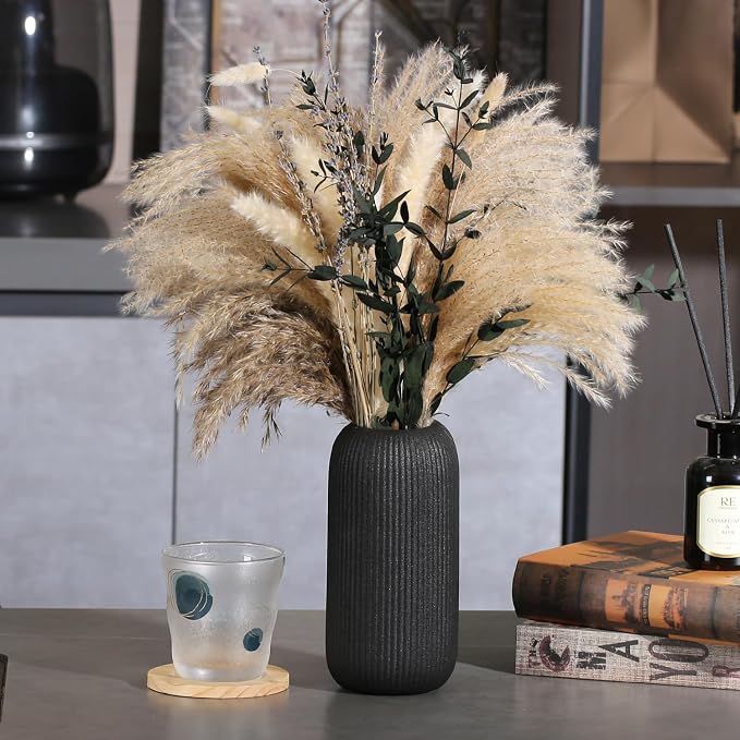Bohemian Black Ceramic Vase - for Pampas Grass, Mantel, Bookshelf, Entryway and Living Room Decor (Black, 8in-Pill)