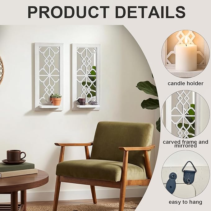 ZEXUIRU 2 Set Rustic Candle Sconces Living Room Bedroom Entryway Wood Mirrored, Farmhouse, Carved Frame Wall-Mount Wooden Candle Holders Wall Decor Hanging Handmade Holder - Distressed White
