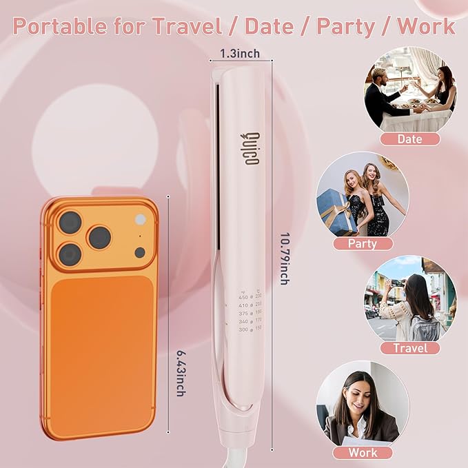 Quico Upgrade Hair Straightener, 100-240V Dual Voltage Travel Hair Straightener and Curler with 15s Heat Up, Professional Negative Ion Ceramic Flat Iron for Less Frizz, 5 Temp & Auto Shut-Off, Pink