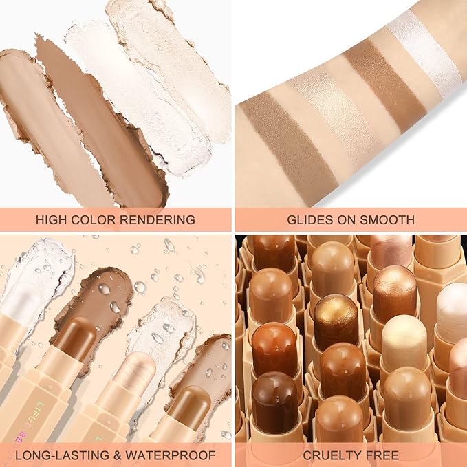 Face Cream Contour Stick Bronzer Stick Highlighter Stick Illuminator Makeup Glow Kit,Long Lasting Highly Piamented Skin Brighten Shadow Contour Bronzer Highlighter Powder Pen Pencil-F1