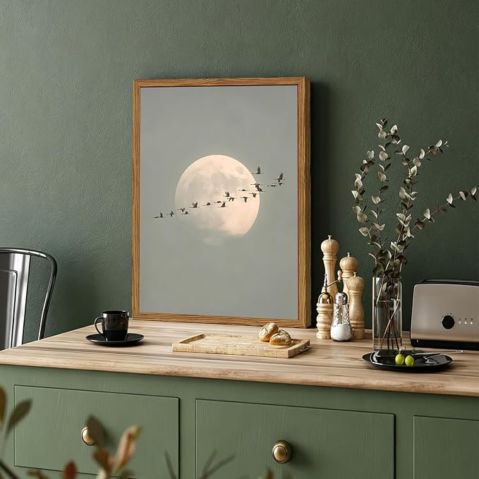Framed Vintage Bird Wall Art, Minimalist Moon Flying Birds Pictures Wall Decor, Japandi Nature Landscape Paintings Canvas Prints Neutral Home Decor for Living Room Bedroom Bathroom 12x16 Inch