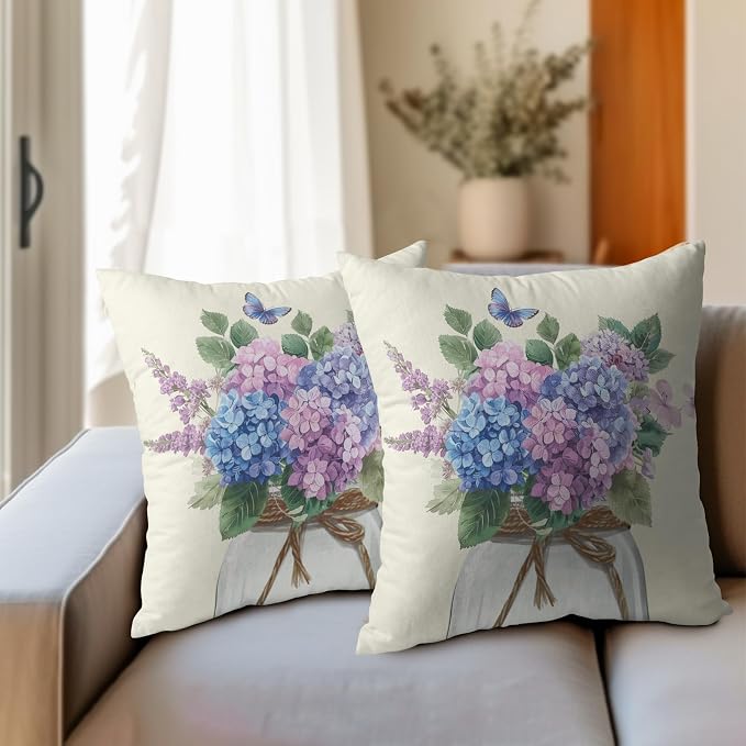 Kawani Purple Blue Hydrangea Pillow Covers 20x20 Set of 2 Watercolor Butterfly Floral Leaves Mason Jar Decorative Pillow Cases Cotton Linen Cushion Cover for Couch Sofa Outdoor Home Decor
