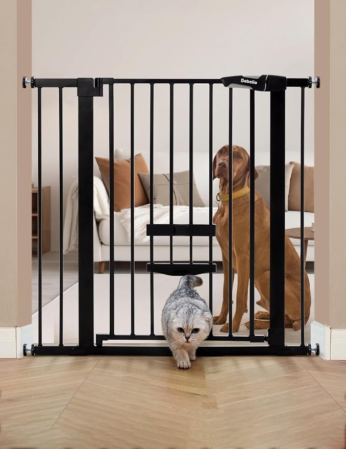 Babelio 36" Tall Baby Gate with Cat Door, CatPrivilege II, 29-40" | 6-Level Adjustable Metal Pet Gate, Auto-Close Safety Gates with Pet Door, Easy Walk Thru, Black