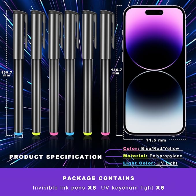 Invisible Ink Pen, Spy Pen with 6 PCS Mini UV LED Keychain Flashlight, Disappearing Ink Magic Pens with Black Light Markers for Secret Notes, Fit for Christmas Halloween Holiday Gifts (6 PCS)