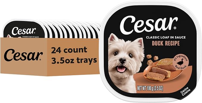 Cesar Classic Loaf in Sauce Wet Dog Food, Duck Recipe, 3.5 oz, 24 Count | Made in USA, Real duck #1 ingredient, no fillers/added sugar/artificial flavors, use as meal or topper, easy peel trays