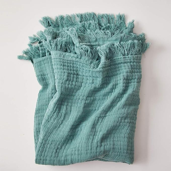 Simple&Opulence Cotton Muslin Throw Blanket for Bed, Couch, Knit Woven Gauze Blanket with Tassels, Soft Lightweight Cozy Pre-Washed Breathable Farmhouse Decoration for All-Season (Dark Green)