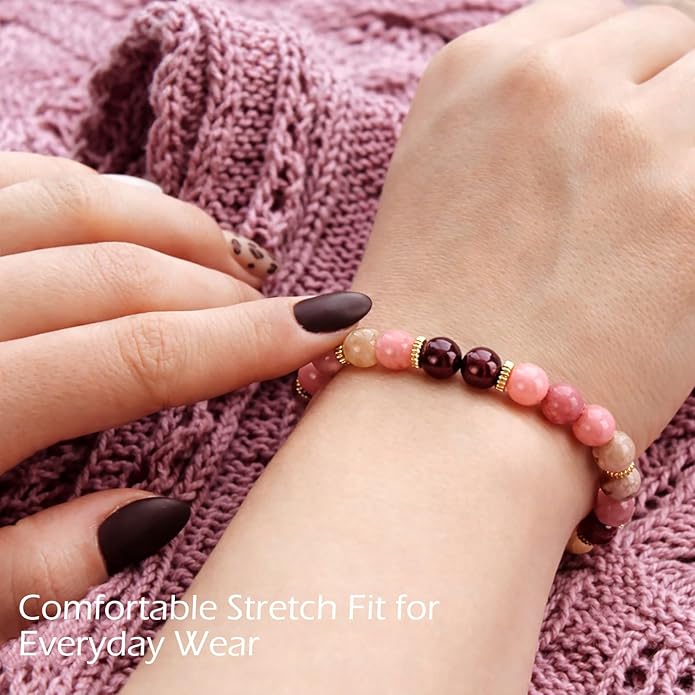 Natural Healing Crystal Gemstone Bracelet Handcrafted Crystal Bead Stretch Bracelet Yoga Meditation Beaded Bracelet with Love & Compassion Symbolic Theme for Women Girl (8mm, Rose Quartz, Rhodonite, Garnet)