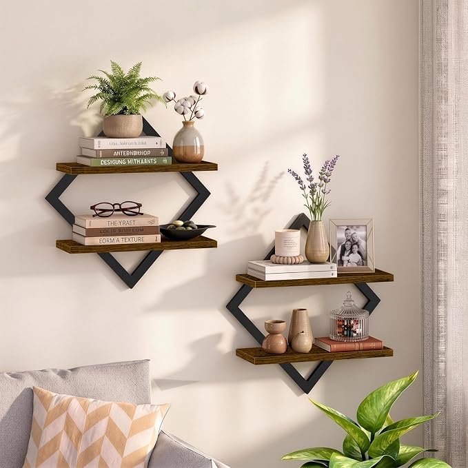 Floating Shelves for Wall, Set of 2 Wall Shelves, 2-Tier Hanging Shelve | Wood & Metal Wall Mounted Display Shelves, Decorative Wall Shelves for Living Room, Bedroom, Kitchen & Bathroom, Rustic Brown