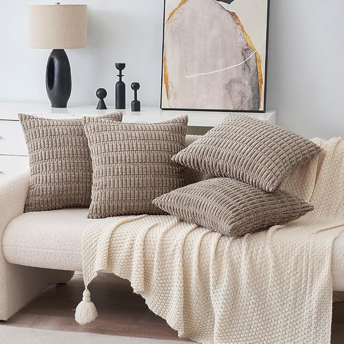 MIULEE Pack of 4 Corduroy Throw Pillow Covers 18x18 Inch Light Brown | Neutral Rustic Farmhouse Boho Soft Striped Pillow Covers,Home Decor for Sofa,Living Room,Couch,Bed