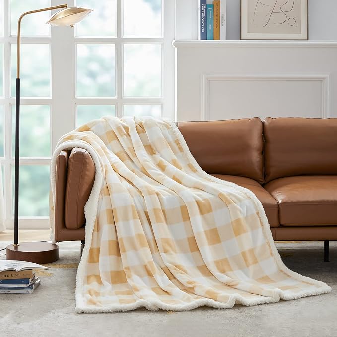 Sherpa Buffalo Plaid Twin Blanket 60" X 70", Fuzzy Fluffy Soft Cozy Throw Blanket, Fleece Flannel Plush Microfiber Blanket for Couch Bed Sofa(Beige)