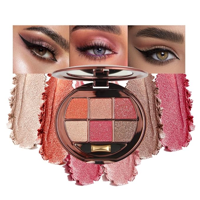 6 Colors Shimmer Eyeshadow Palette with Mirror, Neutral Nude Eye Shadow Matte & Glitter Shades Highly Pigmented Blendable Waterproof Long-Lasting Natural Smokey Eye Makeup Palette for Women 8#