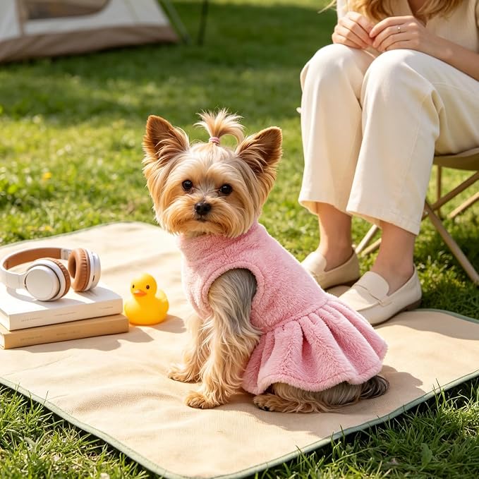 Idepet Winter Dog Dress 2 Pack, Puppy Pet Skirt Small Dogs Girl Clothes | Warm Coral Fleece, Machine Washable, for Indoor Daily Wear, Outdoor Walking, Halloween Christmas Holiday Gift, Easy On & Off