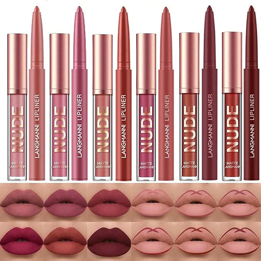 Jolilab 12Pcs Matte Lip Liner + Liquid Lipstick Set, One Step Velvety Nude Lip Stain Waterproof Long Wear High Pigment Lip Makeup Gift Set（Set A
