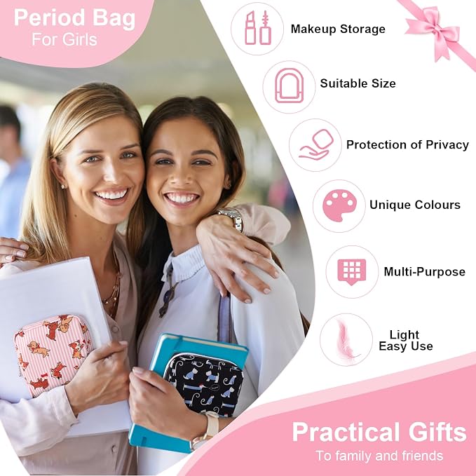 Sanitary Pad Storage Bag Portable Period Bag for Teen Pads/Sanitary Napkins/Small Tampons, Sanitary Napkin Storage Bag First Period Gifts for Teen Girls (Bowknot Star Cats)