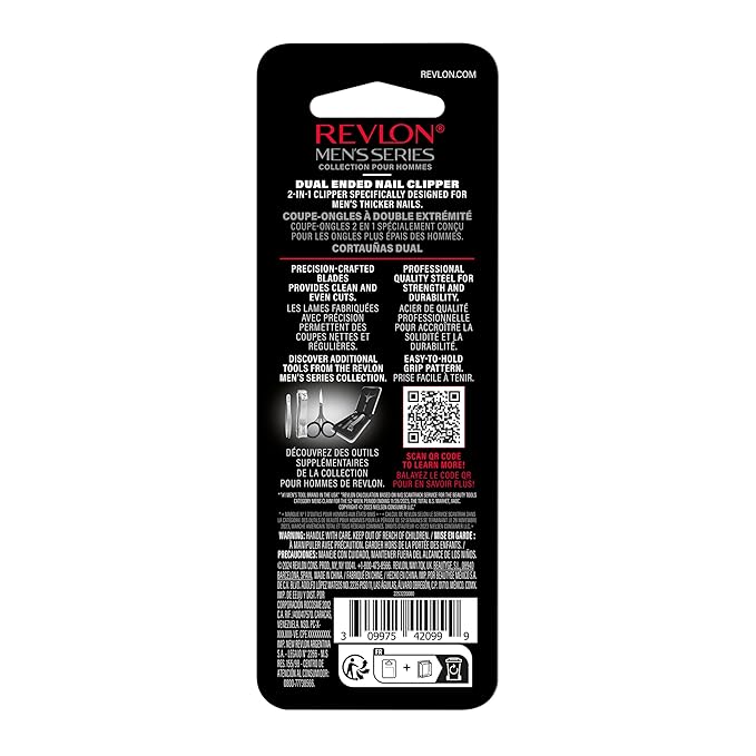 Revlon Dual-Ended Nail Clipper for Men, Straight and Curved Edges, for Fingernail and Toenail Trimming, Stainless Steel, 1 Count