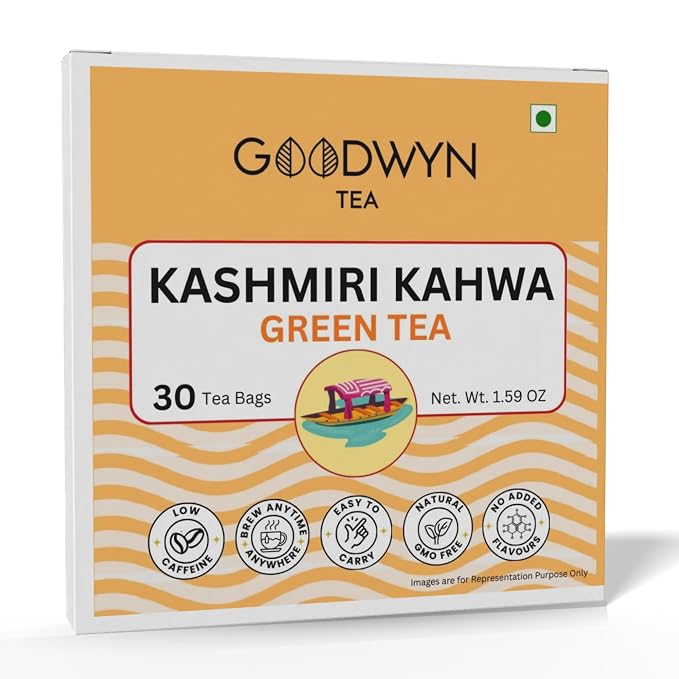 Goodwyn Kashmiri Kahwa Green Tea, 30 Tea Bags | Saffron, Almonds & Spices | Natural Low Caffeine Herbal Blend | Plastic Free Bags