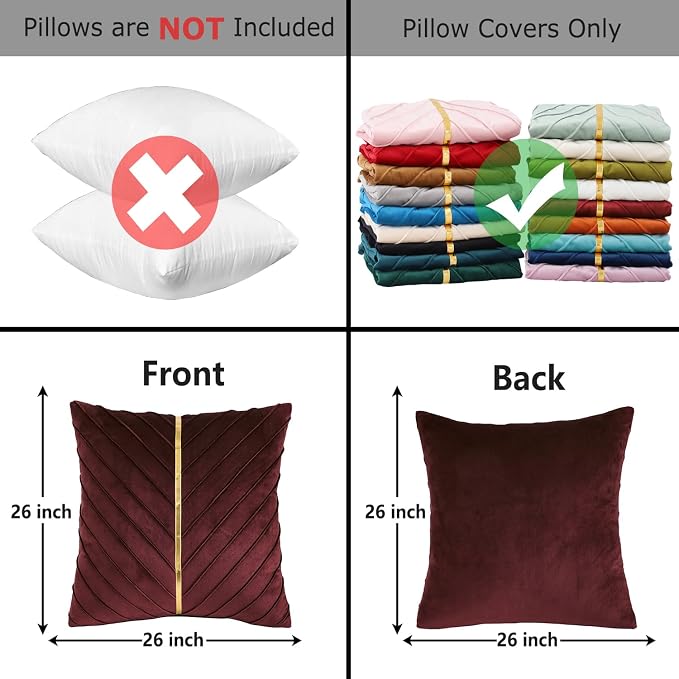 Velvet Throw Pillow Covers 26x26 inch Pack of 2 Gold Decor Burgundy | Soft Solid Pillow Covers,Modern Luxury Home Decor,for Couch Chair Sofa Bedroom Livingroom,Hidden Zipper,Ideal Gift,Easy Care