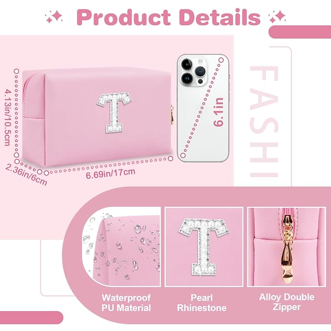 ChaoGreat Bride Gifts – Personalized Initial Makeup Bag with Pearl Rhinestone Patch, Preppy Pink Monogram Cosmetic/Toiletry Pouch, bridesmaid Gifts, Bridal Shower Gifts, Wedding Gifts, Bridal Gifts,T