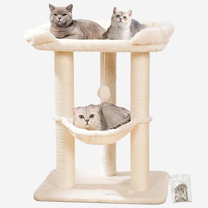 Cat Tree, Cat Scratching Posts with Large Bed for Big Cats | Small Cat Tower, 28" Tall For Window Viewing, 23.6"x15.7" Cat Perch Bed, Cat Hammock, Removable Cover, Solid Structure, Beige