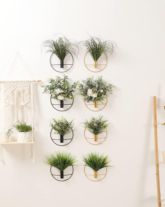 Pretty Jolly Boho Eucalyptus Wall Decor Black Metal Wall-Mounted Art | Morden Artificial Greenery Display，2 Pack Eucalyptus Hanging Planter For Living Room, Bedroom, Bathroom, Dining room