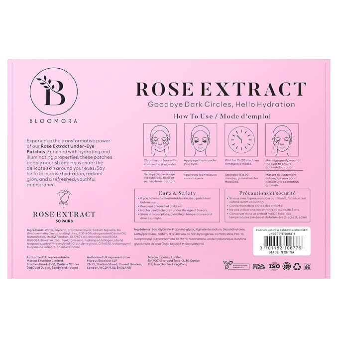 BLOOMORA Rose Under Eye Patches (30 Pairs) - Under Eye Mask for Appearance of Dark Circles - For Puffy Eyes Smoothing - Skincare Mask
