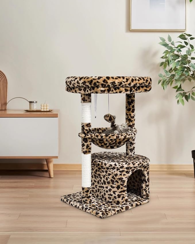 SYANDLVY Small Leopard Print Cat Tree for Indoor Cats, Modern Cat House | Cat Tower with Scratching Post & Padded Perch, Kittens Condo with Cradle, Cat Cave