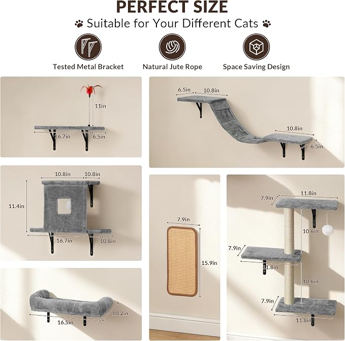 Cat Wall Shelves, 6 in 1 Cat Wall Furniture Set with Condos House, Bed, Bridge, Tree, Steps, Scratching Board, DIY Walls Playground for Indoor (Gray)