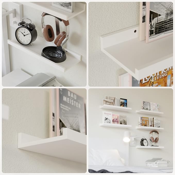 RICHER HOUSE 5-Set Floating Shelves with Lip, White Wall Mounted Wood Shelf | Display Picture Ledge Shelf, Anti-drop lip Shelf for Room Wall Decor, Bedroom Bathroom Storage Nursery Books, Easy Setup 16in