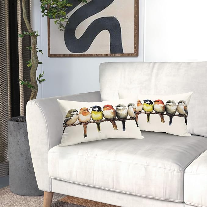 Oil Painted Birds Lumbar Pillow Covers 12x20 Inch Set of 2 Cute Spring Summer Bird Rustic Decorative Pillow Cases Outdoor Linen Square Cushion Cover Farmhouse Decor for Bedroom Home Sofa Couch Bed