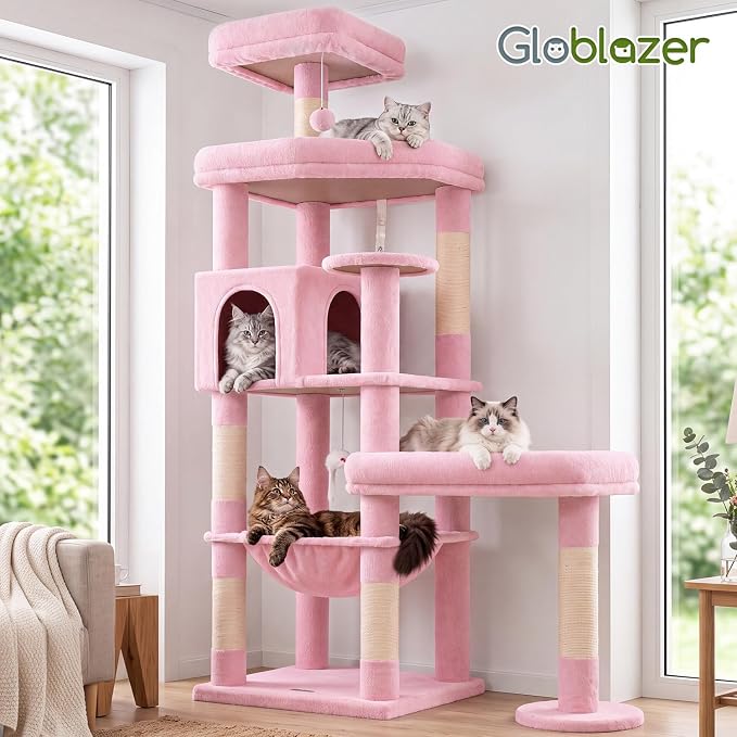 Globlazer Extra Large Platform Cat Tree, 65in Sturdy Cat Scratching Tree for Indoor Cats Large Adult, Big Cat Perch Tower with 3 Padded Perches, 6 Scratching Posts, Cat Condo, Hammock, S65, Pink