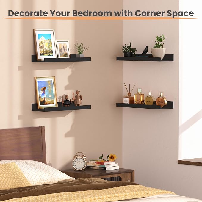 upsimples Floating Shelves for Wall Decor and Storage, Black, 6Pcs 15.7'' | Wall Mounted Wood Shelves for Living Room, Bedroom, Bathroom, Kitchen, Office, Laundry Room Display and Organize