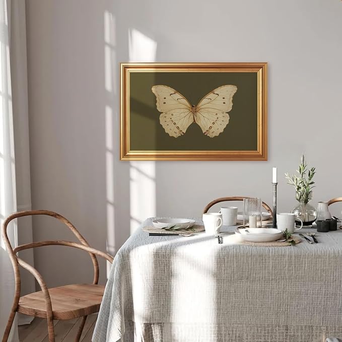 JLTULT Gold Framed Butterfly Wall Art, Dark Green Canvas, 16 x 24 Inches | Ivory butterfly art on fade-resistant dark green canvas with a ready-to-hang gold-tone PS frame for bedrooms and offices