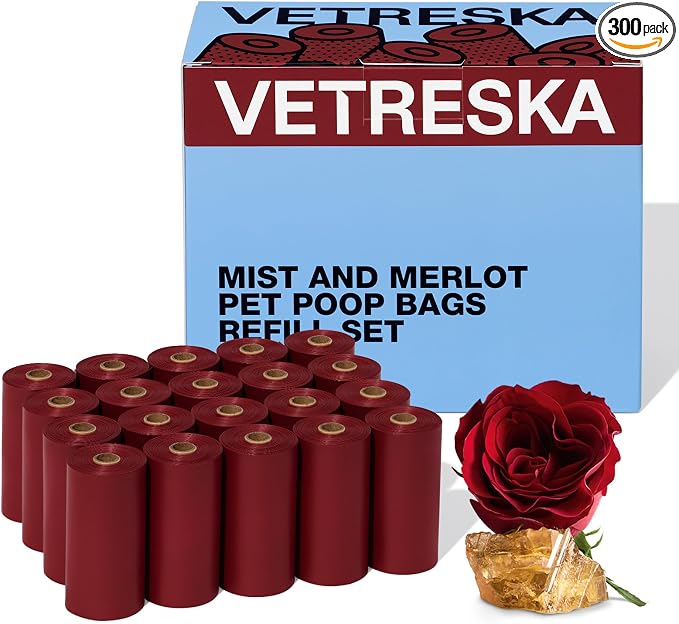 VETRESKA Dog Poop Bags, 300 Counts, Leak Proof, Extra Thick and Large | Pet Waste Bags for Dog Walking and Cat Litter, Rose & Amberwood Scented