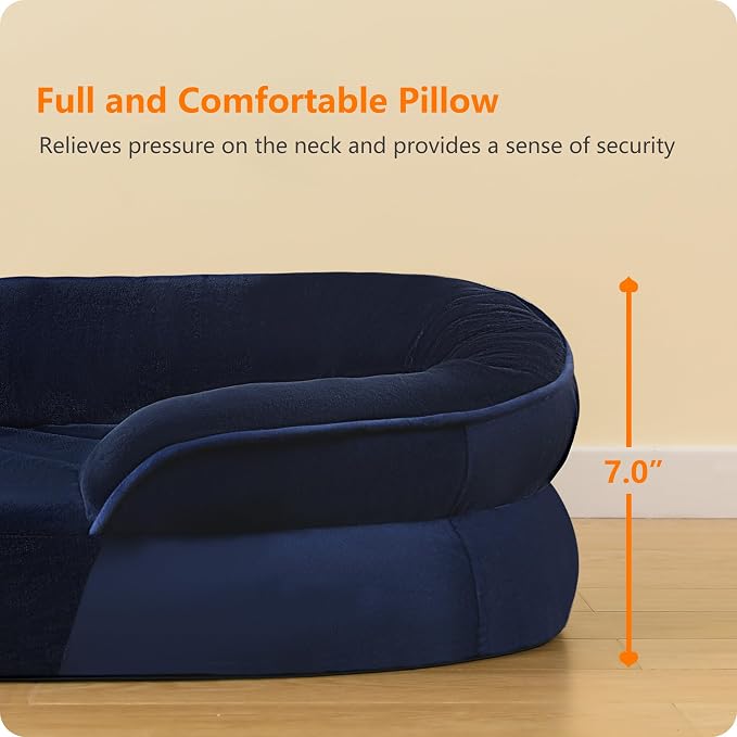 Dwanton Orthopedic Waterproof X-Large Dog Bed Sofa, Gel Memory Foam, 45" | Egg-Crate Foam Dog Sofa, Washable Pet Bed with Four Sided Bolster Cushion, Removable Cover & Non-Slip Bottom, Navy Blue