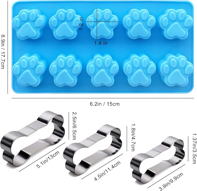 Set of 5, 2 Pack Puppy Dog Paw and 3 Pack Stainless Steel Bone Cookie Cutter, RUGVOMWM Food Grade Silicone Molds (Pink & Blue)
