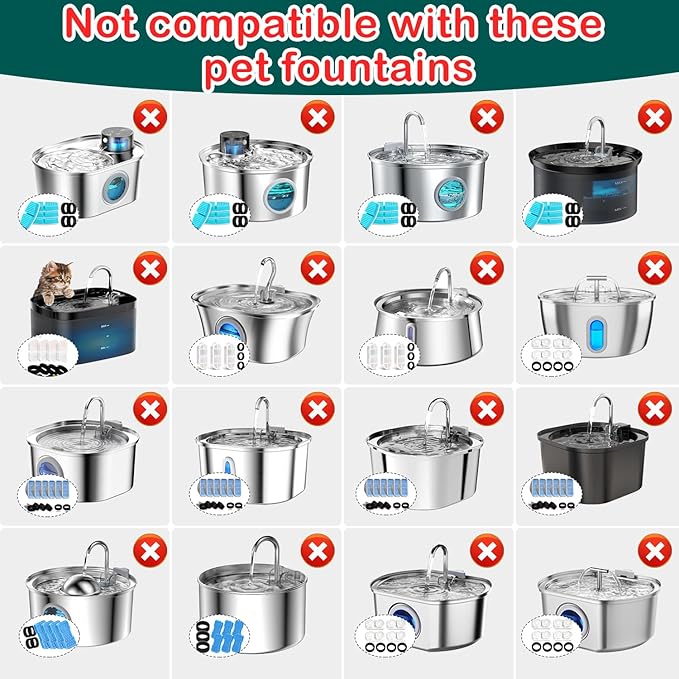 Cat Water Fountain Filter 24Pcs Fit 101oz/3L Stainless Steel Pet Fountain | Cat Fountain Replacement Filters for 67oz/2L, 108oz/3.2L Cat Water Fountains Pet Fountain Filters (12 Filters & 12 Sponges)
