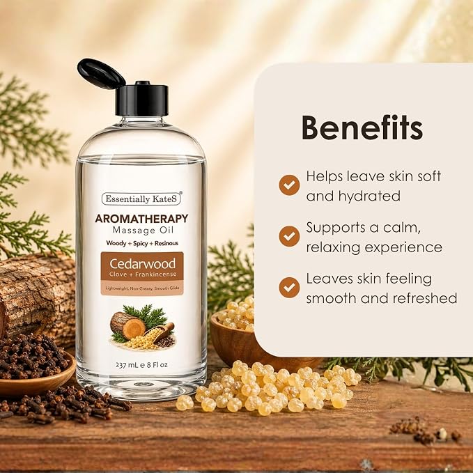 Aromatherapy Massage Oil – Cedarwood, Clove & Frankincense with Fractionated Coconut Oil, Lightweight Non-Greasy, Very Long-Lasting Glide and Excellent Slip, 100% Natural, 8 FL Oz