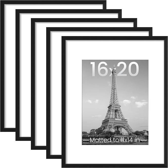 upsimples 16x20 Picture Frame, Gallery Wall Frames Set of 5, Black | Poster Frame Collage Wall Decor, 11x14 Picture Frame with Mat for Family, Baby, Hallway, Christmas