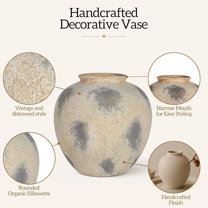 Cream Ceramic Flower Vase Speckled Bubble Glaze Home Decor | 6.29 Inch Rustic Table Vase,Decorative Ornament for Living Room,Office,Wedding,Birthday