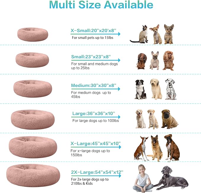 SAVFOX 36 inches Calming Donut Dog Bed - 3X Durable Plush Faux Fur, Machine Washable & Non-Slip, Fits up to 100 lbs, Pink