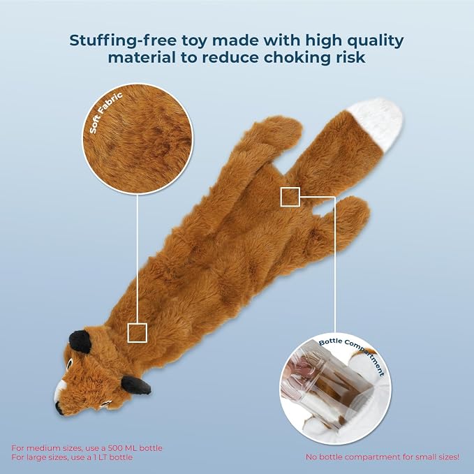 Best Pet Supplies 2-in-1 Stuffless Squeaky Dog Toy - Fox, Large | No-Stuffing, 2 built-in squeakers, No Mess, Soft, Holds a Plastic Bottle for Added play, Perfect for Moderate chewers