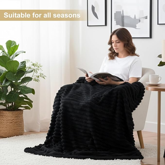 decorUhome Black Fleece Twin Blanket 60x80 Inches | Soft Couch Cozy Fluffy Plush Flannel Striped Blanket for Sofa Bed, Lightweight Decorative Ribbed Fuzzy Blanket for Woman