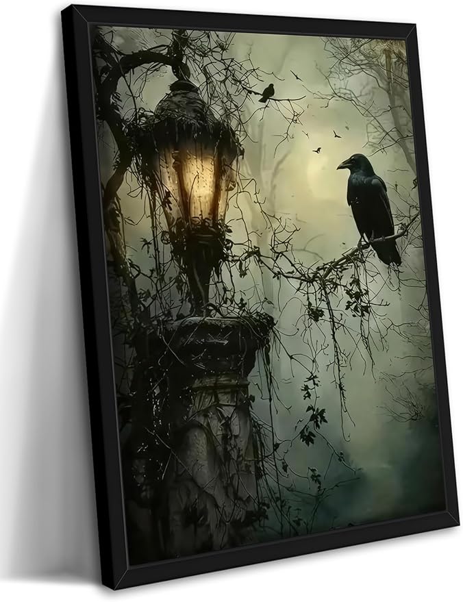 Gothic Decor Framed Wall Art, Vintage Dark Academia Canvas Prints, Horror Forest Crow Wall Decor for Living Room Bedroom Home Decor – Black Wooden Frame 8x10in